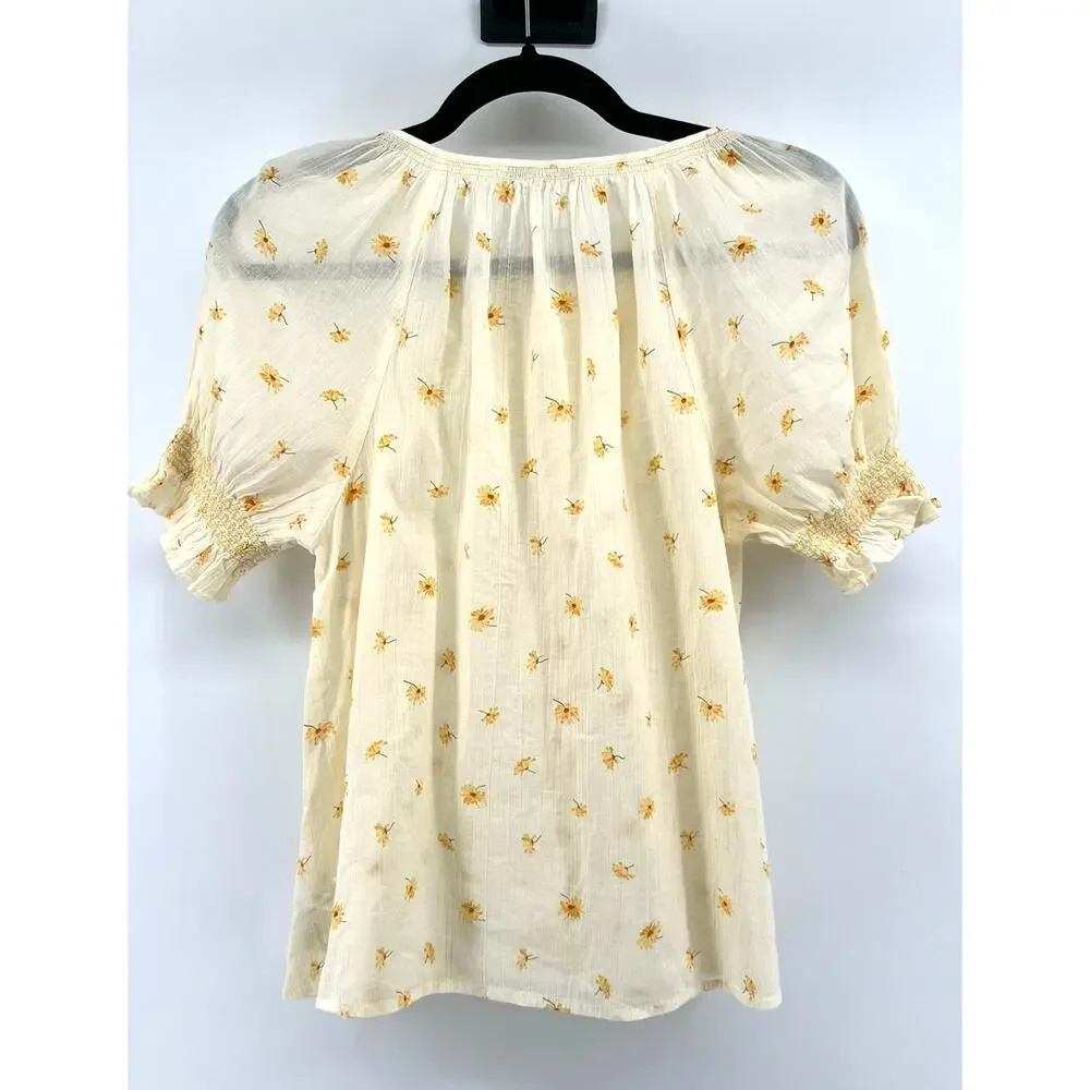 Madewell French Daisies Smocked Cotton Button Up Peasant Top Blouse Size S